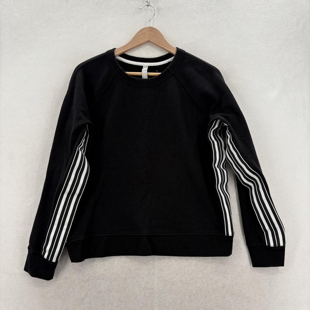 Athleta 24/7 Striped Crew Sweatshirt Womens Medium Black Raglan Fleece Pullover